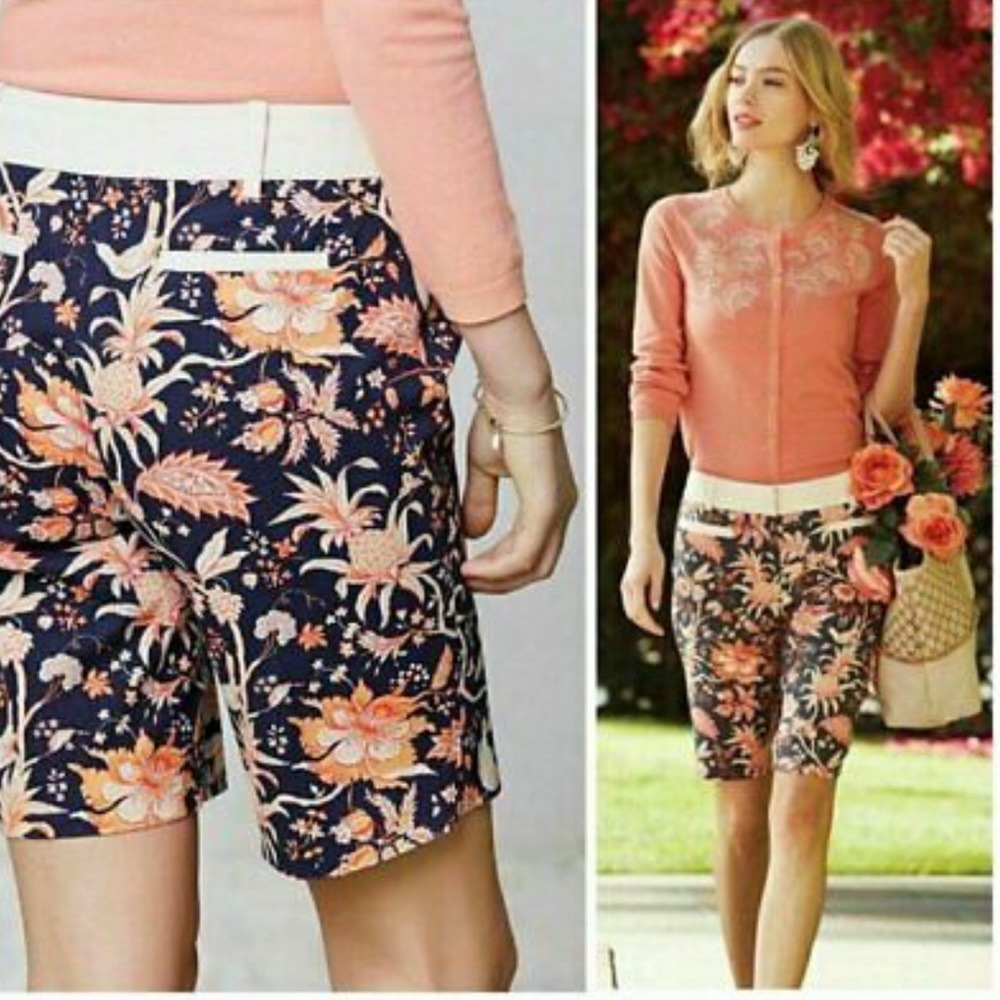 Anthropologie Floral Bird Bermuda Shorts Navy 6